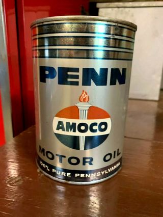 Vintage Penn Amoco Metal One Quart Qt Motor Oil Can Gas Display