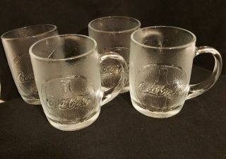 Set Of 4 Coca - Cola,  Coke Glass Mugs Cups 4 " Frosted,  Embossed,  Coke Bottles