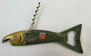 Vintage German Brass Fish Corkscrew & Bottle Opener With Norge Flag Crest Emblem