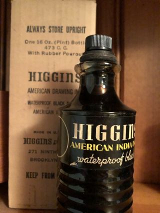 Vintage Higgins America India Ink Bottle 8oz Bottle Size Art Deco Glass