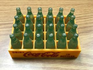 Vintage Coca Cola Miniature Yellow Case & 24 Clear Bottles Plastic Coke Full Set