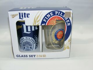 Miller Lite Beer Glass Gift Set 2 - Pack 16 Ounce Bar Pint Glasses