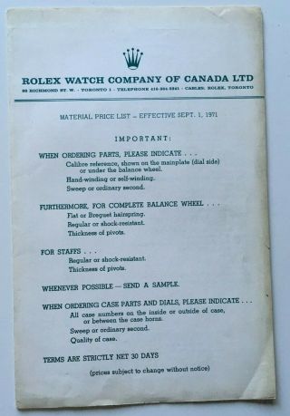 Rolex Tudor Watches Material 1971 Price List Dealer Brochure - English - Canada