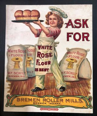 White Rose Flour W.  F.  Schilt Bremen Roller Mills,  Indiana Store Decal Sign