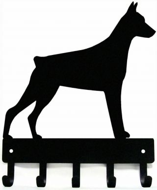 Doberman Pinscher (cropped) Dog Leash Hanger Metal Wall Key Rack 5 Hooks Lg 9 "