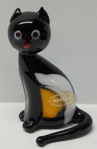Murano Antica Vetreria Italy Handblown Glass Black Cat Figurine 2 - 1/4 " Tall