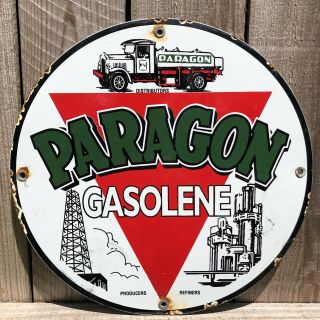Vintage Porcelain Paragon Gasoline Pump Plate Sign Service Station Oil Gas
