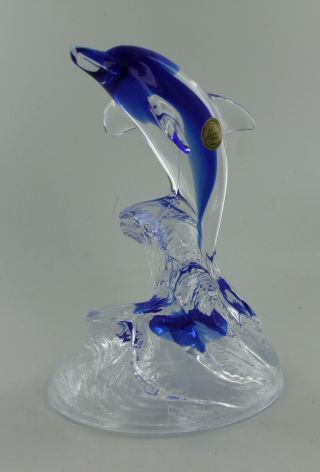 Boutique Crystal Dolphin Riding Waves Figurine - Clear And Blue