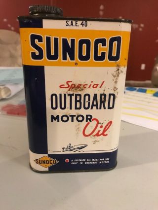 Vintage Sunoco Outboard Motor Oil Can Great Graphics Rare Flat Quart