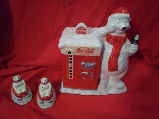 Coca - Cola - Polar - Bear - Cookie - Jar - With Salt And Pepper Shakers
