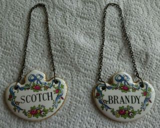 Pair Vintage Crown Staffordshire Brandy / Scotch Porcelain Decanter Labels