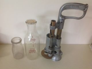 Vintage Milk Bottle Capper With 2 Bottles And Caps