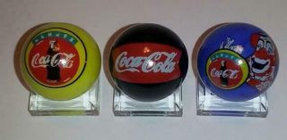 Great Set Of 3 Coca Cola Glass 1 " Logo Marble With Stands 2