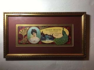 Vintage Wood Framed C1910 Soap Box Label Queen Beauty Peacock Art Nouveau
