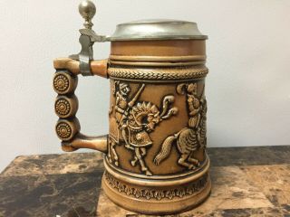 Vintage Gerz Ceramic German Beer Stein Mug Pewter Lid Stoneware Knights Horses