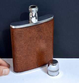 Unusual Vintage Long Necked Leather Hip Flask.  6oz - Made In England.  Breweriana