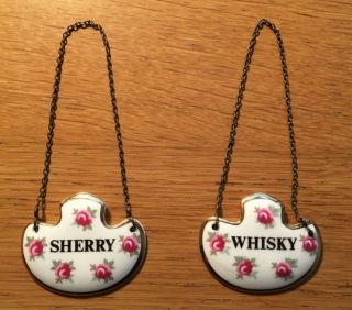 2x Royal Adderley Bone China Vintage Decanter Labels Sherry,  Whisky Roses Chain