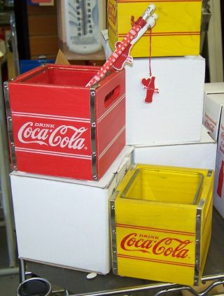 Coca Cola Coke Wood Crate Candle Holder Set W/ Glass Insert Red & Yel