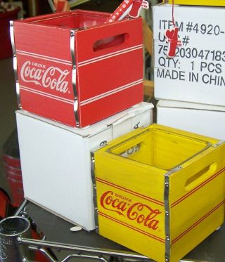 COCA COLA COKE WOOD CRATE CANDLE HOLDER SET W/ GLASS INSERT RED & YEL 2