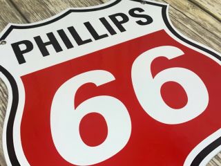 Vintage " Phillips 66 Gasoline " Shield 12 " Porcelain Metal Gas Oil Die Cut Sign