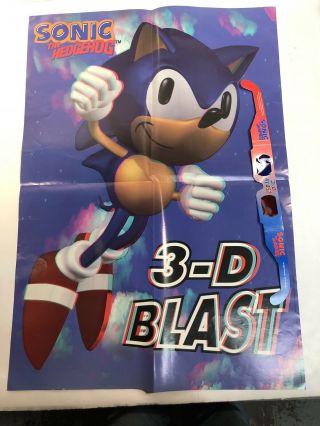 Vintage 1996 Sonic The Hedgehog 3 - D Blast Poster With Glasses