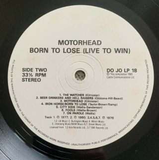 Motorhead - Born To Lose (Live To Win) 1985 Vinyl [ DOJOLP18 ] Record 4