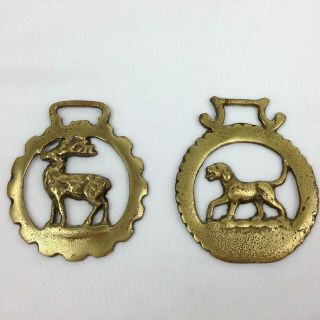 2 Vintage Brass Horse Bridle Saddle Harness Ornament Medallions Dog Deer Stag