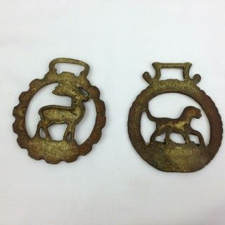 2 Vintage Brass Horse Bridle Saddle Harness Ornament Medallions Dog Deer Stag 2