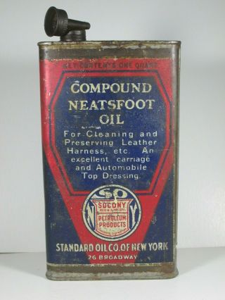 Socony Oil Tin - Neatsfoot Compound Oil W/ Orig Spout Top,  Auto Top Cleaner 1910