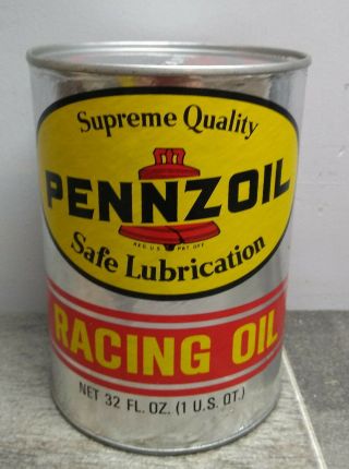 Nos Vintage Full Pennzoil Racing Motor Oil Quart Can Composite Metal Ends