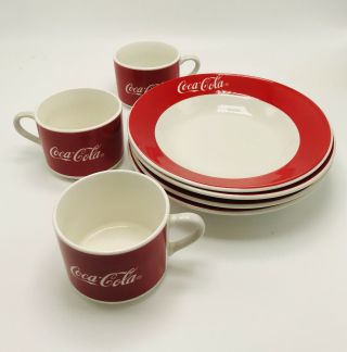 Red And White Coca - Cola Dishes 3 Mugs And 4 Bowls