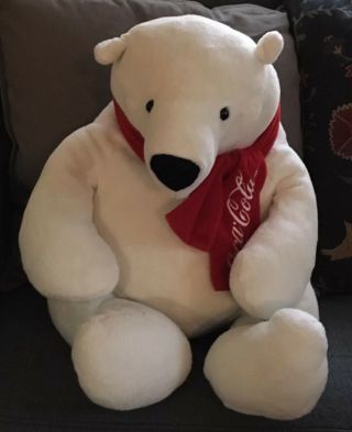 Plush 2012 Coca Cola White Stuffed Polar Teddy Bear W/ Red Scarf - Large 17”