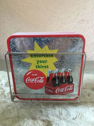 Coca - Cola Set Of 4 Drink Coasters And Silver Rack