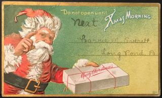 Santa Claus Holds Present Do Not Open Till Xmas Trade Card Mailed As Postcard