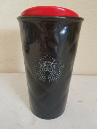 Euc Starbucks 2015 Black Ceramic Quilted Coffee/tea Tumbler 10 Oz Siren Red Top