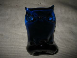 Cobalt Blue Art Glass Owl Paperweight Figurine Hand Blown 4 - 1/2 " Mcm Style