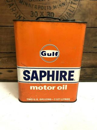 Vintage Gulf Saphire 2 Gallon Metal Orange Motor Oil Can Old Collectible