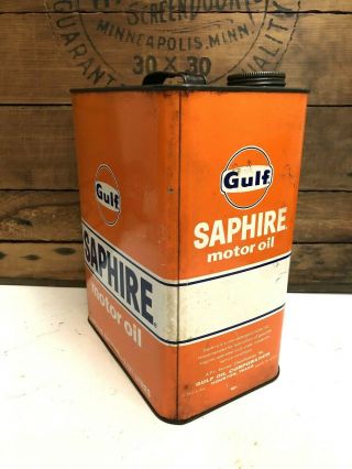 Vintage Gulf Saphire 2 Gallon Metal Orange Motor Oil Can Old Collectible 2