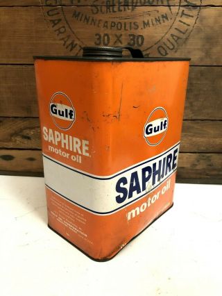 Vintage Gulf Saphire 2 Gallon Metal Orange Motor Oil Can Old Collectible 3
