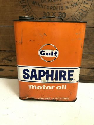 Vintage Gulf Saphire 2 Gallon Metal Orange Motor Oil Can Old Collectible 4