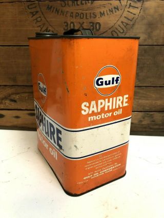 Vintage Gulf Saphire 2 Gallon Metal Orange Motor Oil Can Old Collectible 5
