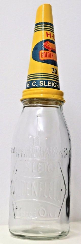 Old Style - 1 Quart Glass Golden Fleece Hex Motor Oil Bottle,  Pourer & Dust Cap.