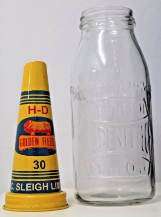 Old Style - 1 Quart Glass Golden Fleece Hex Motor Oil Bottle,  Pourer & Dust Cap. 2