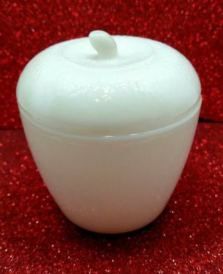 Vintage Hazel Atlas White Milk Glass Lidded Apple Jelly Jar T49