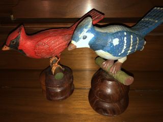 Vintage Hand Carved Birds Wooden - Folk Art Red Bird And Blue Jay