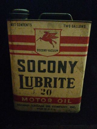 Antique Socony Lubrite Motor Oil 2 Gal Tin Litho Can Vintage Pegasus Gas Station
