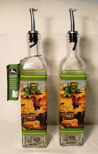 Two 16 Oz John Deere Olive Oil And Vinegar Dispensers / Bottles / Cruets