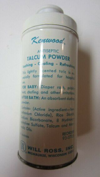 Vintage Kenwood Antiseptic Talcum Powder Tin with Contents,  Will Ross Inc. 2