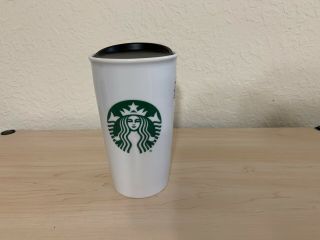 Starbucks White Ceramic Travel Tumbler Mug & Lid 12oz To Go Cup Siren Logo