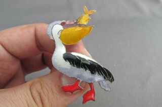 Vintage Sterling Zarah Enamel Pelican Eating A Fishy Pin Brooch